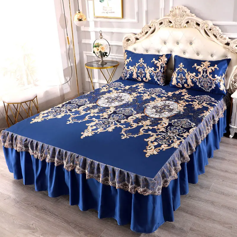 Classic Blue Bed Skirt Home Textile Bedding 3pcs/set(1Bed Skirt + 2pcs