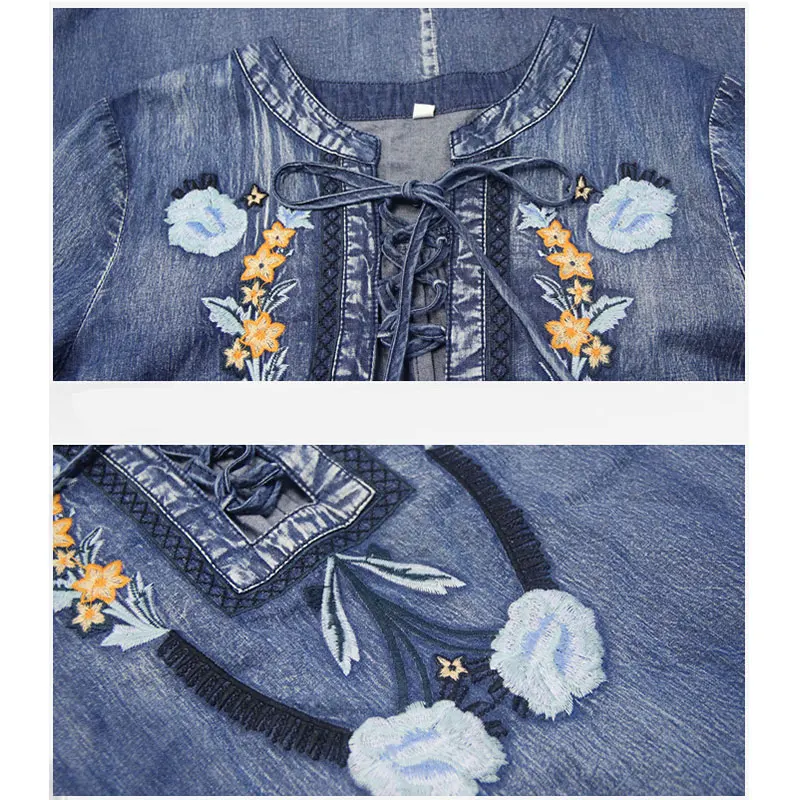 Bohemian denim tunic blue cotton autumn national flower embroidery dress a long dress with loose flared sleeves vestido