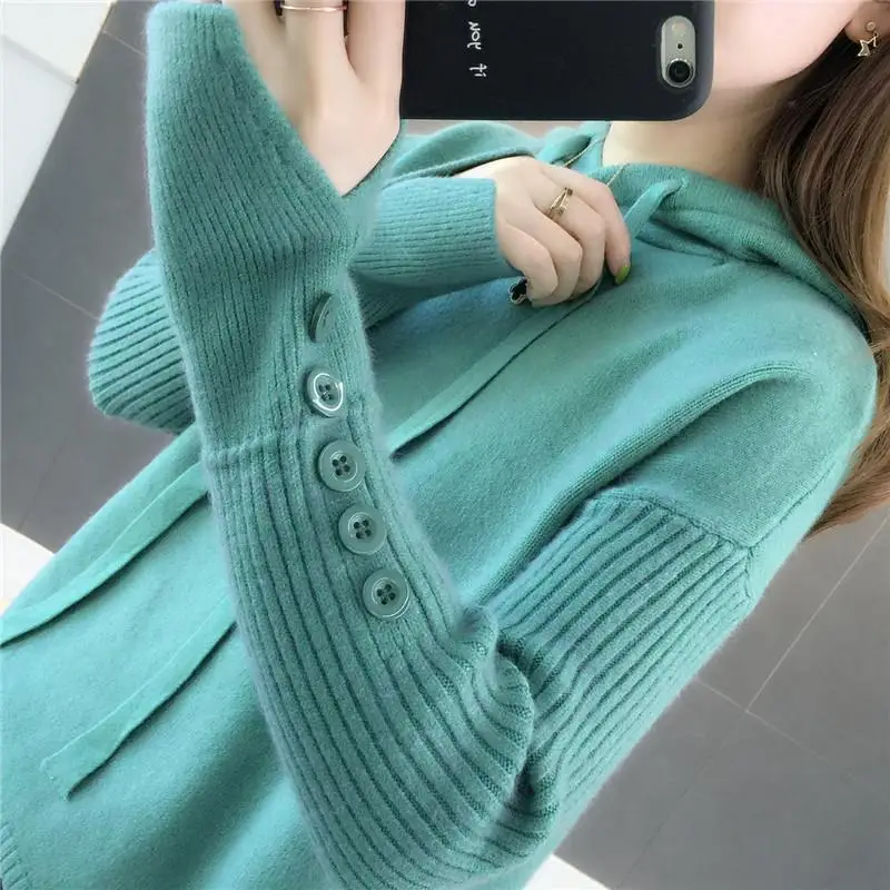 Casual Hooded Sweater 2019 New Autumn Winter Korean Style Women Loose Solid Button Knitwear Female Pullover Sweater Sueter