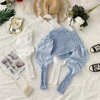 

Autumn Wrinkle Crossed Slash Neck Long Sleeve Thin High Waist Short Crop Tops Women Solid Color Blouse Shirts J249