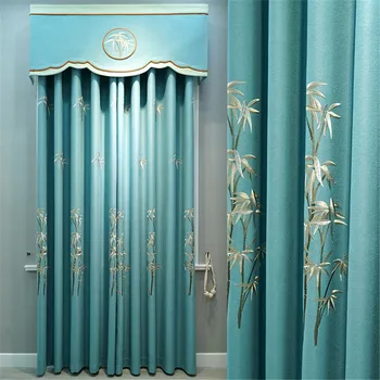 

Blue grey luxury embroidered blackout decorative curtains for living room high quality embroidered tulle Curtain for bedroom