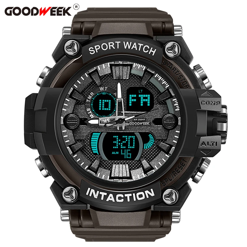 coffee GOODWEEK Luxury Men Sport Watch Waterproof Digital Quartz Watches Men's Multi-functional Dual Display Watches Relogio Masculino - Цвет: coffee