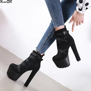 

New black strap 16CM super high heel women's boots Woman Party Ankle Boots High Heels shoes