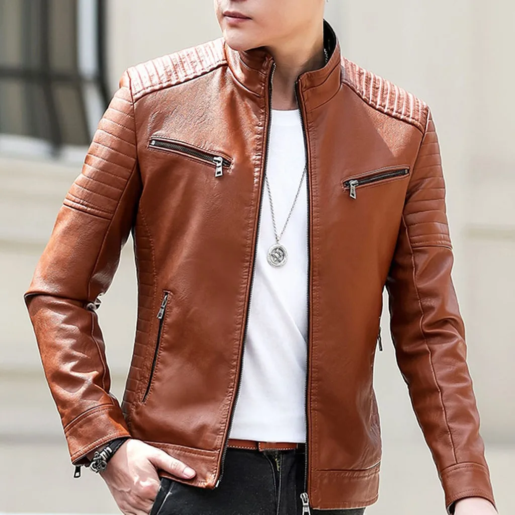 Мужская кожаная куртка осень зима кожаная курка мужская jaqueta de couro masculino Байкерская мотоциклетная куртка на молнии с длинными рукавами#3 - Цвет: C