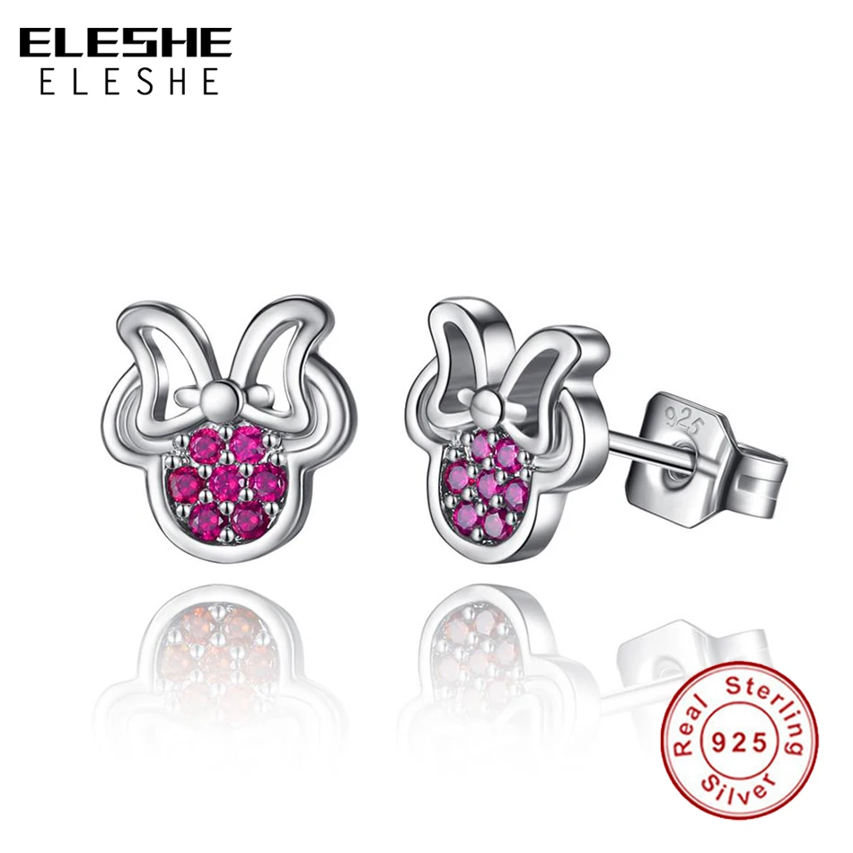 ELESHE 925 пробы серебряные крошечные серьги с кубическим цирконием розовые серьги-гвоздики с Минни для женщин и девушек серебряные 925 ювелирные изделия