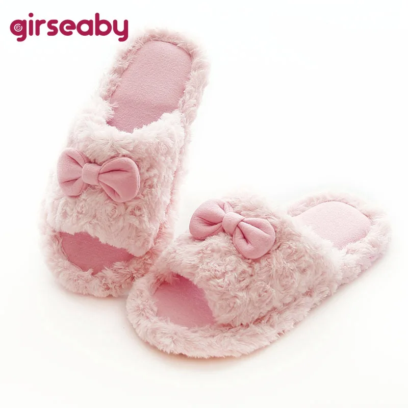

Girseaby Women's Fuzzy Fluffy Furry Fur Slippers Flip Flop Open Toe Cozy House Flat Comfy Anti-Slip Bowtie Shoes Pink F843