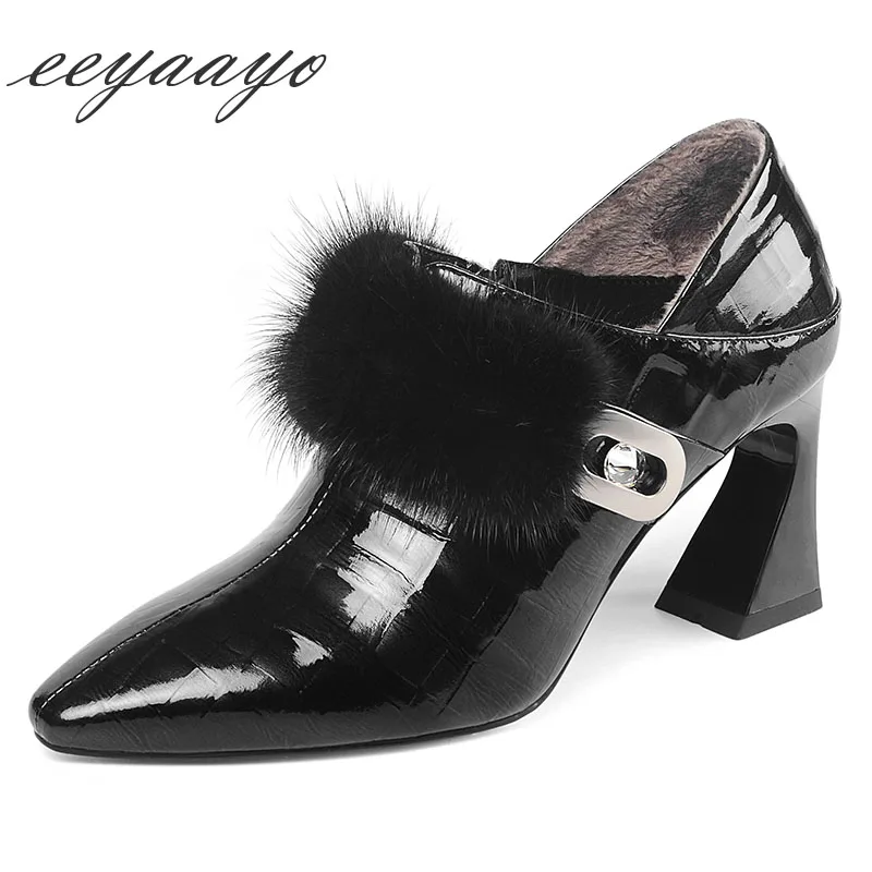 

2019 New Winter Genuine leather Women Ankle Boots High Heel Marten Hair Solid Zip Crystal Metal Fashion Women Shoes Black Boots