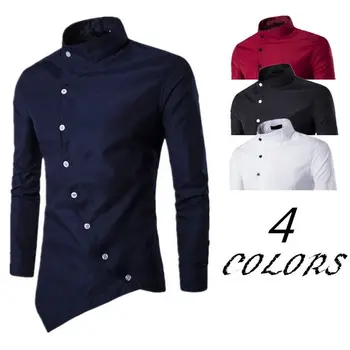 

Men's New Court Shirt Small Stand Collar Personality Casual Slim Strap Button Irregular Long Sleeve Shirt