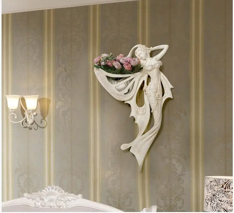 European Reisn Angel Character Wall Vase+ Artificial Flower Set Crafts Home Livingroom Wall Hanging Decoration Hotel Wall Mural