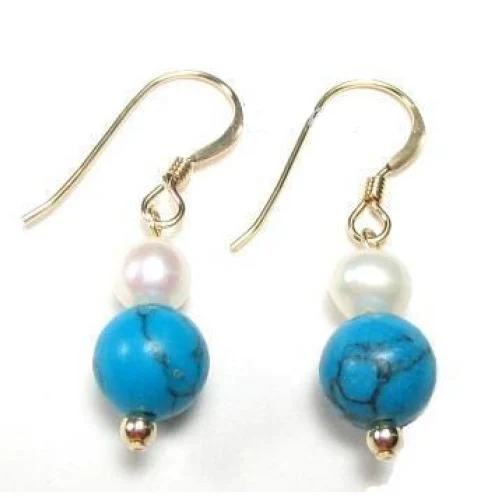 New Style Favorite Pearl Store Genuine White Pearl Blue Turquoise Gold 14K GF Hook Earrings Charming Wedding Fine Lady Gift