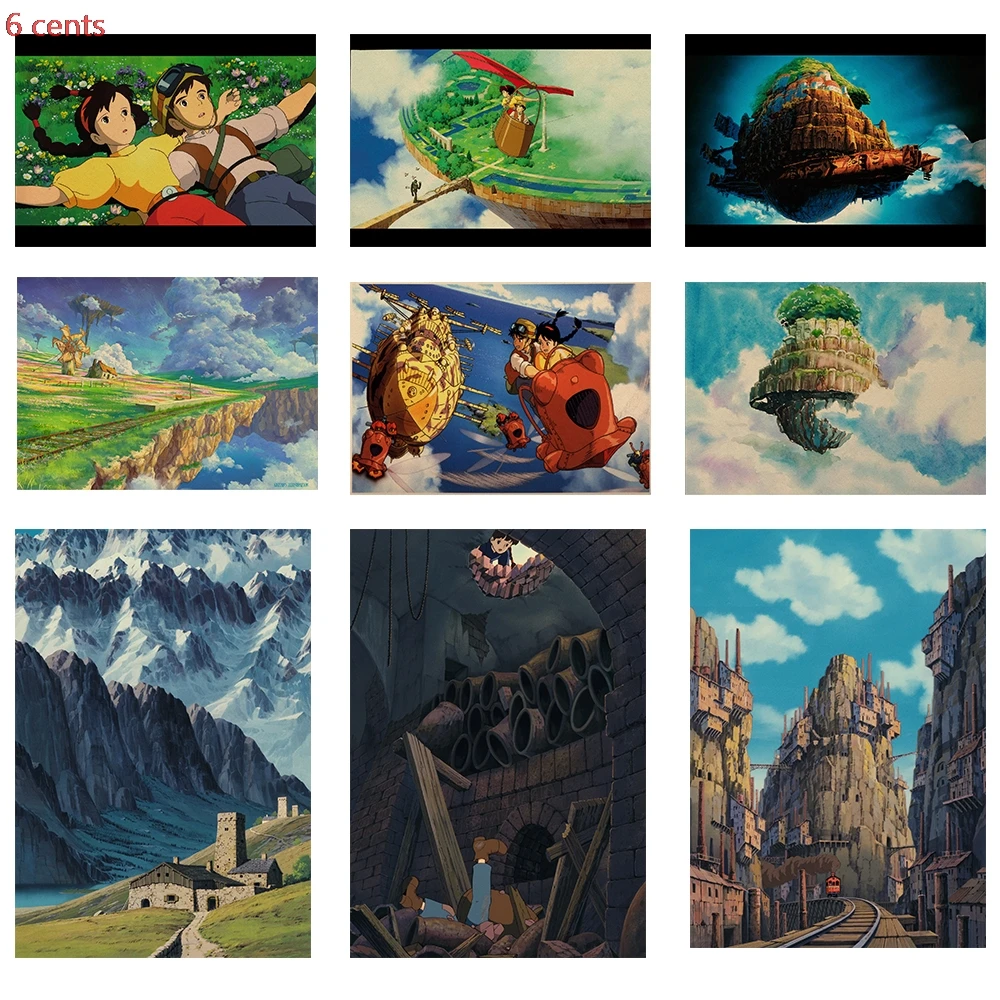 Классический плакат в стиле аниме фильм Hayao Miyazaki звездного неба города крафт