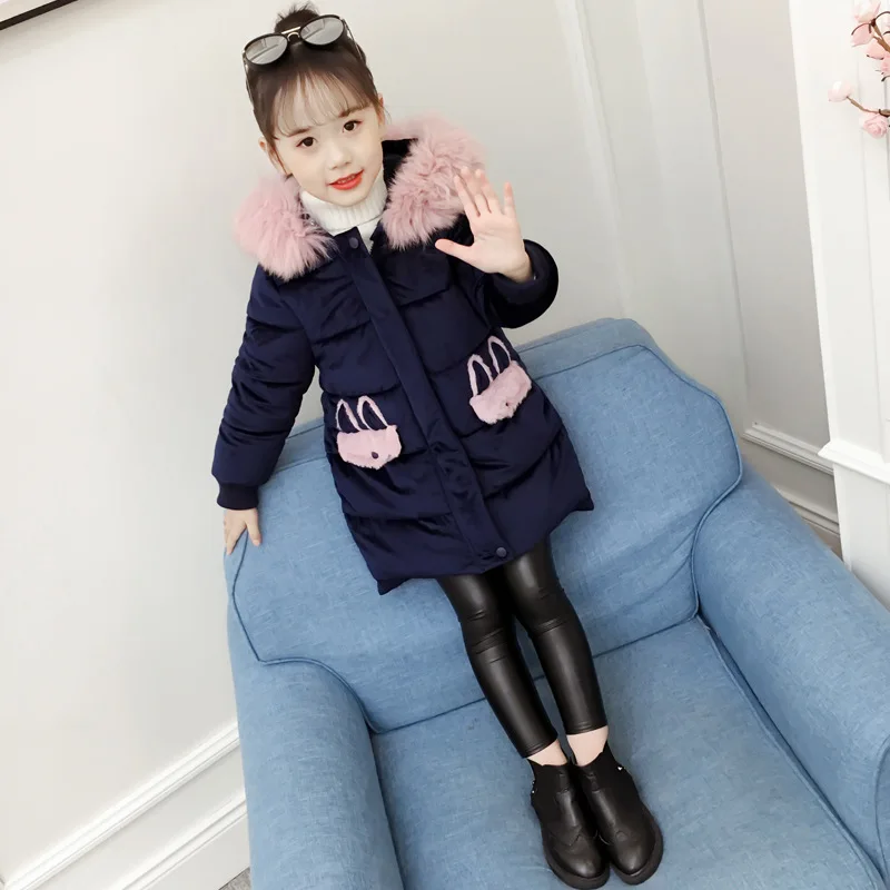 

Velvet Character Pockets Fur Hooded Jackets For Kids Blue Pink Zipper Winter Coats Clothing New 2019 Children Outerwear Padded