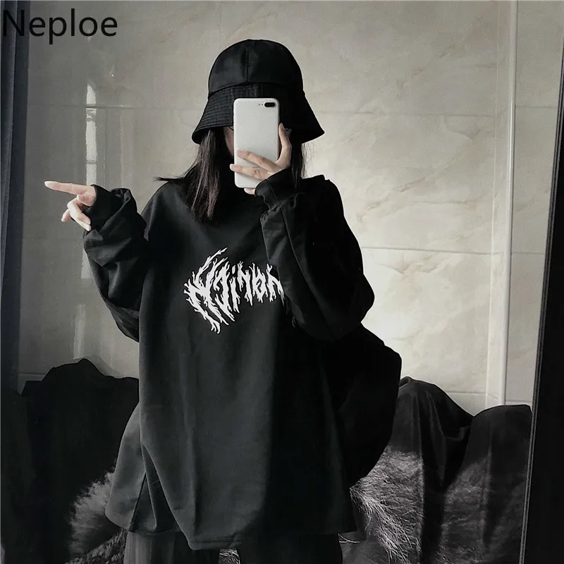 Neploe Ins Harajuku style Streetwaer футболка унисекс для влюбленных с круглым вырезом, однотонные Ретро футболки с надписями, длинный рукав, весна-осень, топ