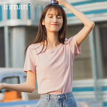 

INMAN Office Style 2020 Summer New Arrival Round Collar All-match Sweet Short Sleeve T-shirt