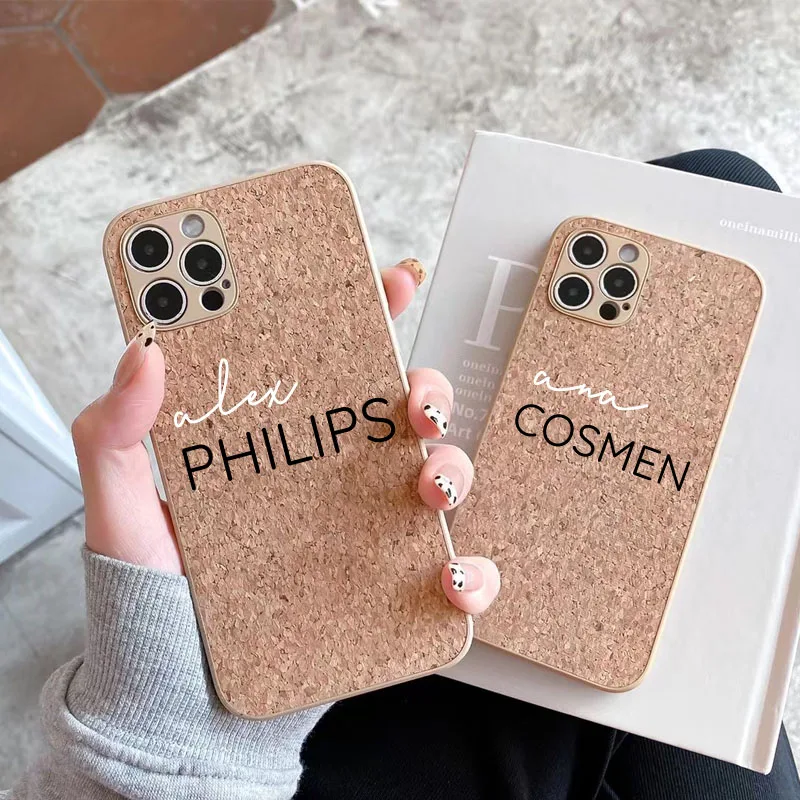 Custom Names image Luxury cork Wooden Case for iPhone 13 12 11 Pro Max 7 8 Plus X XR Xsmax Phone Hard Lens protection Cover | Мобильные