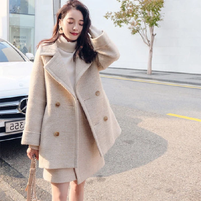 

Fall and Winter Lady Woolen Suit Jacket 2 Pieces Set Sweet Temperament Girl Keep Warm Brief Paragraph Coat Korean Looks Thinner