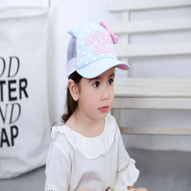 Fashion casual blue background white heart pink bow child mesh child baseball cap child hat sun hat child hat
