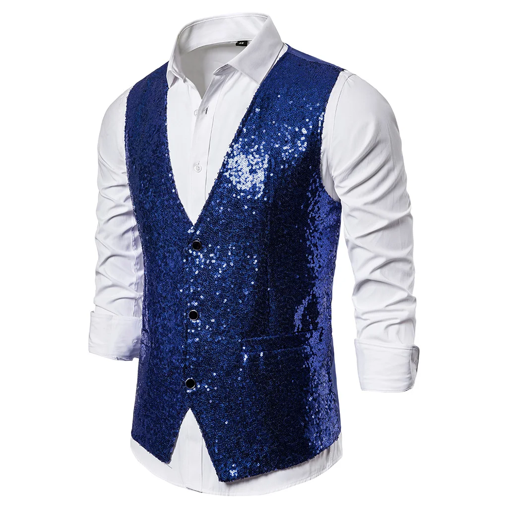 Adisputent Autumn Men Sequin Blazers Vest Gliter Suit Vest Nightclub DJ Stage Shiny Gold Sequin Bling Glitter Vest S-XXL