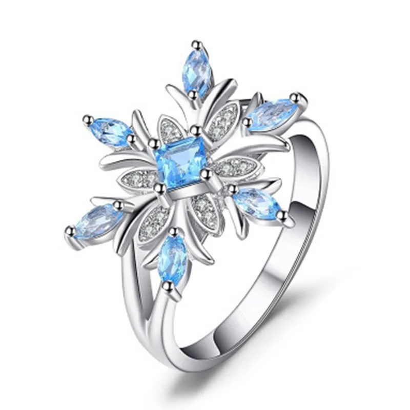 

Milangirl Elegant Female Snowflake Ring Fashion Blue/White Crystal Zircon Stone Ring Vintage Wedding Rings For Women