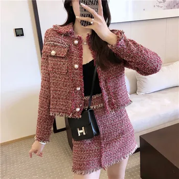 

HANZANGL Newest Autumn Winter fashion ladies rough tweed coat dress Two-piece Suit Business Work Formal occasions Women's Sets