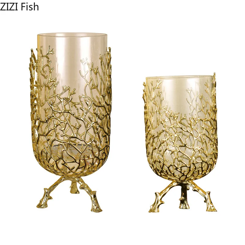 Creative glass vase Golden bracket Branches Hollow high feet Transparent hydroponic flower arrangement Metal crafts Flower vase 6