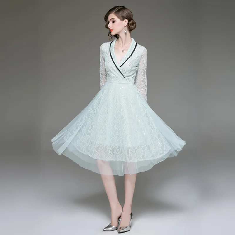 

Europe And America 2020 Spring New Products Big Brand Catwalks Trend WOMEN'S Dress Lace Splicing Dress