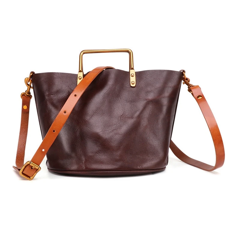 

Handmade Shoulder-Slung Back Portable Female Ladies Leather Vegetable Tanned Cowhide Bag in the Bag Tote Bag Retro Child Coffee