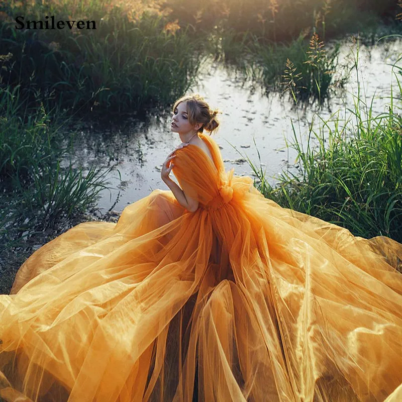 

Smileven, оранжевое платье для выпускного вечера с V-образным вырезом, ТРАПЕЦИЕВИДНОЕ платье с открытой спиной, с буфами, Тюлевое вечернее платье для девушек, женские вечерние платья