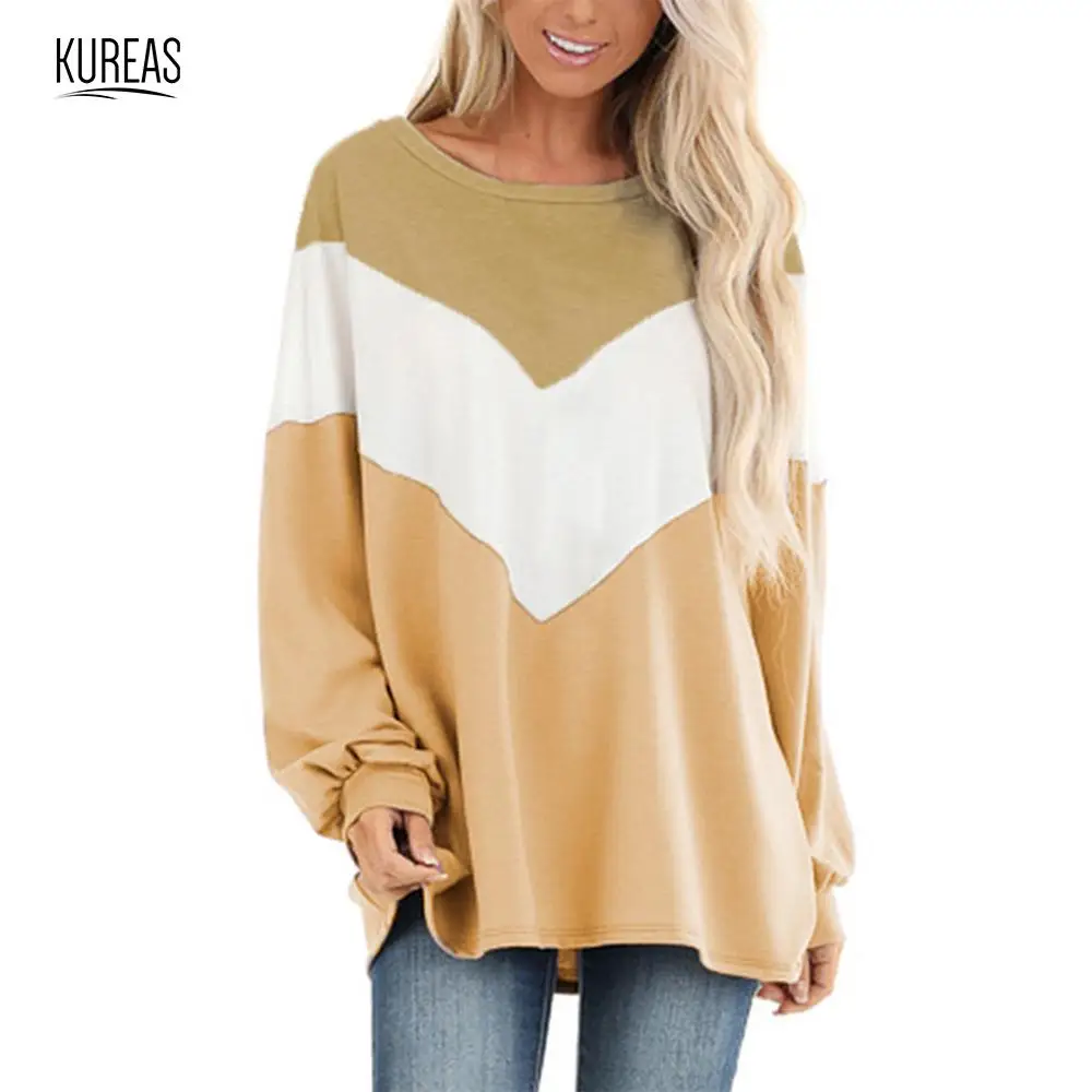 

Kureas Women's T Shirt Long Batwing Sleeves Casual Tops Fashion Patchwork Color-Blocking Female Knitted T-Shirts Autumn Winter