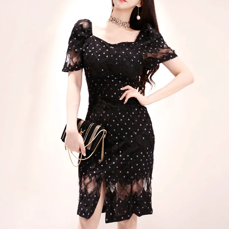 

WOMEN'S Dress 2019 Summer New Products Debutante Elegant V-neck Transparent Gauze Puff Sleeve Mid-length Dress