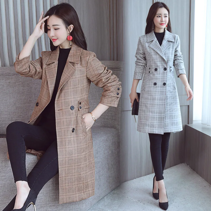 

Plaid Trench Coat Women's Mid-length 2018 Spring And Autumn New Style Korean-style Suit Collar Double Breasted Fashion Elegant L