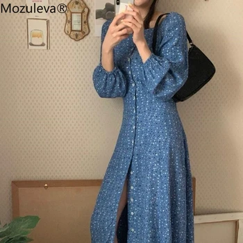 

Mozuleva Chic Off-shoulder Puff-sleeve Women Dress Spring Floral Print Single-breasted Female Dress Retro A-line Vestidos femme
