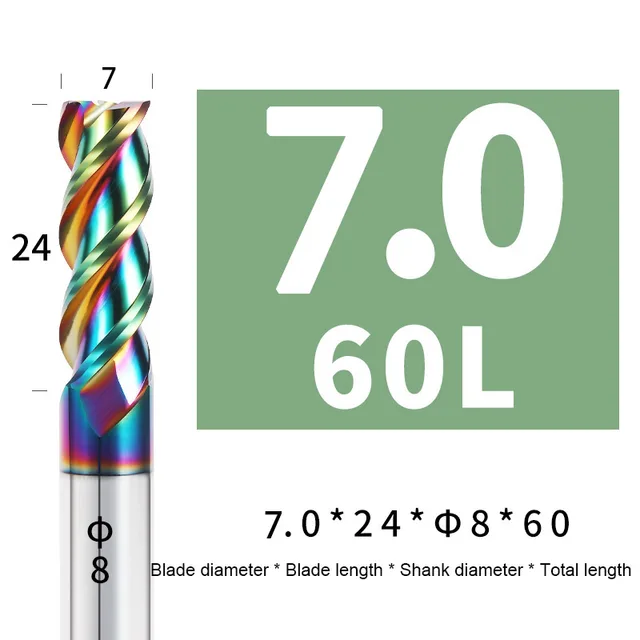 Colorful End Mill Aluminium HRC55 3F Milling Cutter Acrylic Wood Copper Plastic Cutting Tool CNC Maching Milling Tools Endmils 7X24XD8X60L