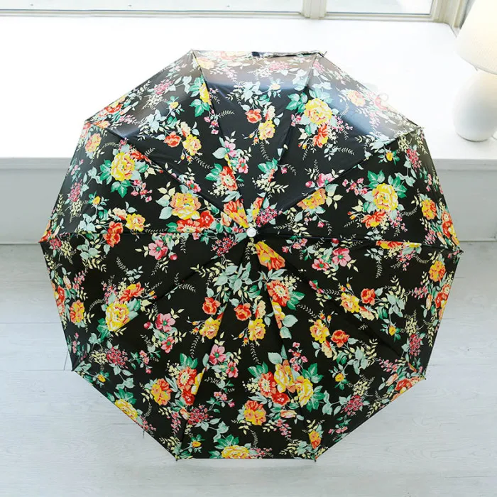 Retro Flowers Print Umbrella Folding Windproof Sun Protection for Outdoor Travel DTT88