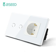 BSEED Touch Light Switch With EU Power Wall Sockets White Wall Led Switches 1/2/3Gang 1Way Crystal Glass Panel Dark Backlight