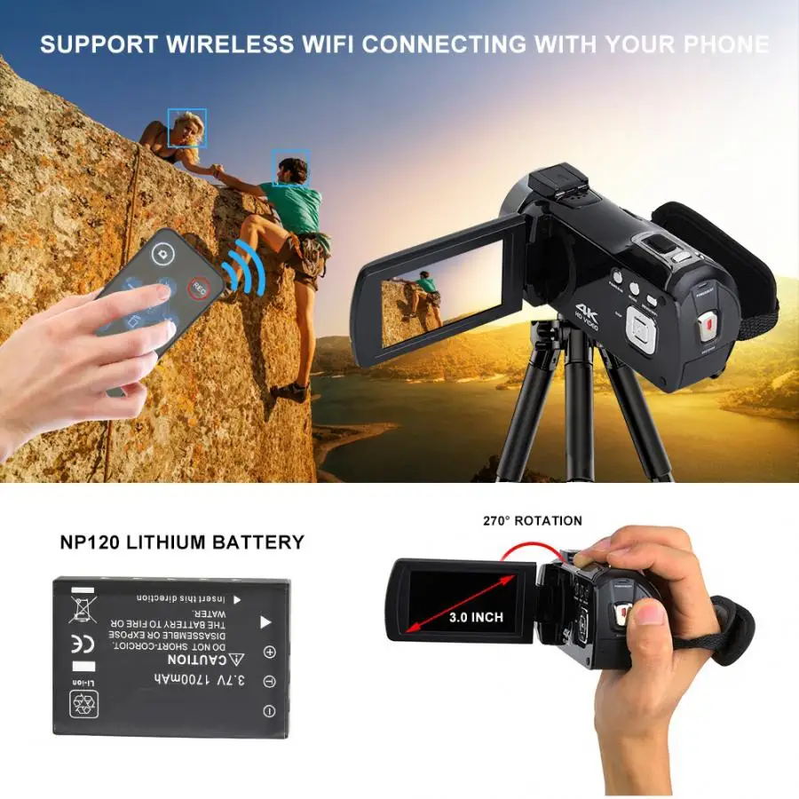 DV-FR485 270 градусов вращения 3 дюймов ips Экран 4K 48MP HD Цифровая видеокамера 16X зум Wi-Fi пульт для Управление