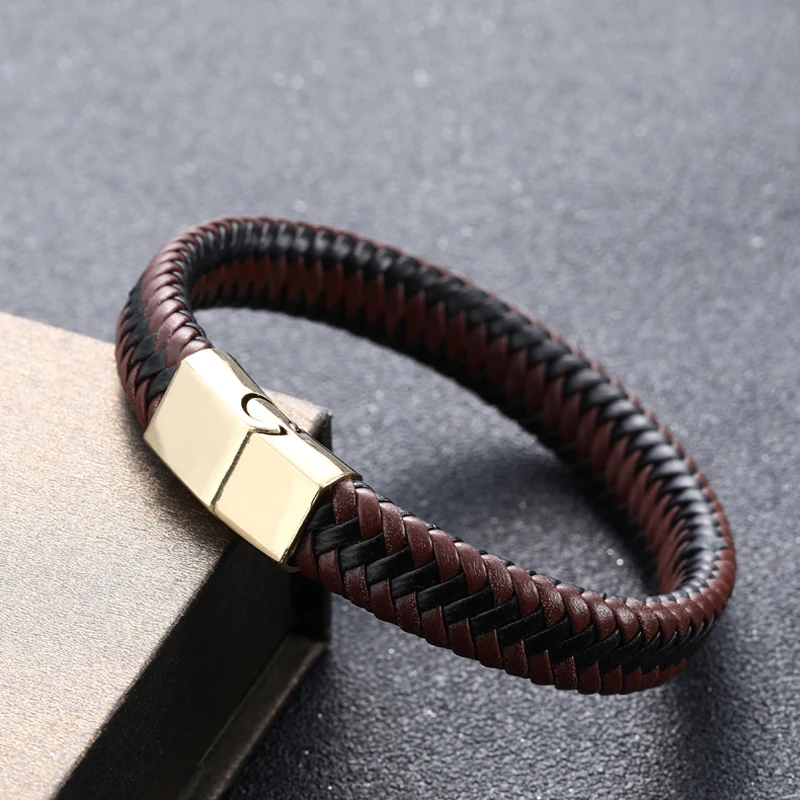 2019New Men Jewelry Punk Black Blue Braided Leather Bracelet for Men Fashion Bangles GiftsStainless Steel Magnetic Clasp - Окраска металла: Gold Brown 2