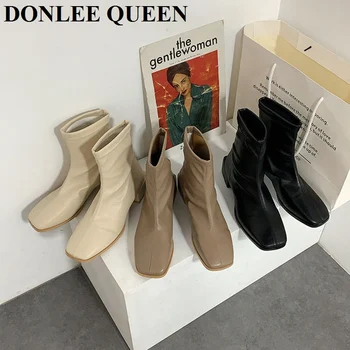 

Ankle Boots For Women Square Toe Low Heel Short Boots Women Chelsea Zipper Boots Black Riding Feminine Shoes Women Booties Mujer