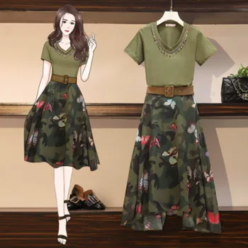 

2020 Spring summer women short sleeve Blouses + print Skirt Suits 2 Pieces Sets