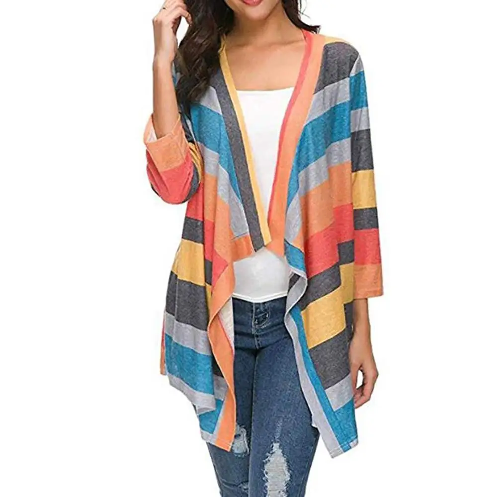 

Autumn Women Casual Soft Open Front Lightweight Sweater Striped Loose Long Sleeve Irregular Hem Cardigan Coat For Ladies 2019