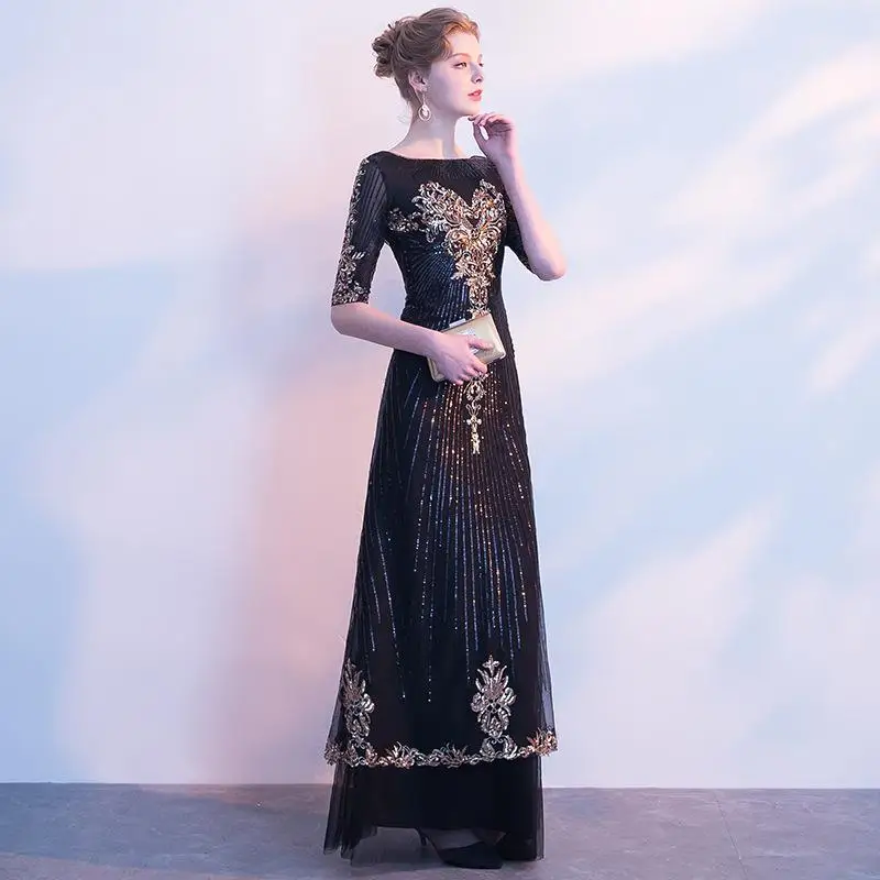 Элегантное серое Сетчатое женское вечернее платье Qipao Изысканная аппликация полная длина халат De Soiree сексуальный глубокий v-образный вырез Vestidos De Festa - Цвет: Style 2