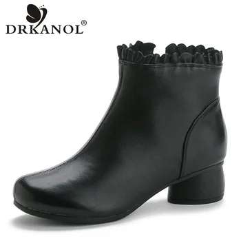

DRKANOL Autumn New Arrival Women Boots 100% Genuine Leather Side Zipper Thick Heel Ankle Boots For Women Black Short Boots H8095