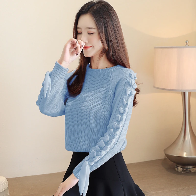 

Women sweaters 2019 Autumn Winter Stitching Round Neck Knitted Sweater Plus velvet Bottoming Shirt Bow splice Women Tops 64F