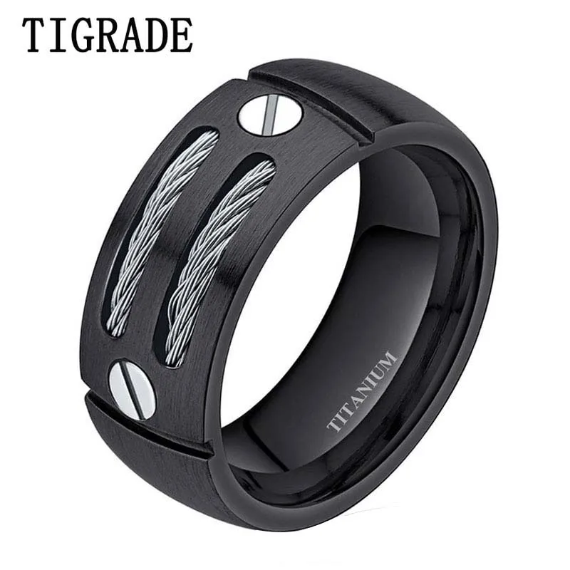Black TIGRADE 8 мм черное/серебряное мужское панк титановое кольцо, кабели из нержавеющей стали, обручальные кольца, обручальное кольцо, мужские ювелирные изделия, бусины в виде единорога - Цвет основного камня: Black