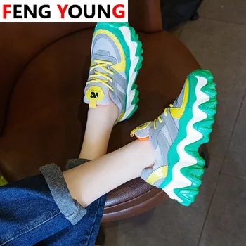 

Women Sneakers Platform Shoes Breathable Lace Up Green Mesh Spring Ladies Shoes Dad Chunky Casual Vulcanized Shoes Feamle