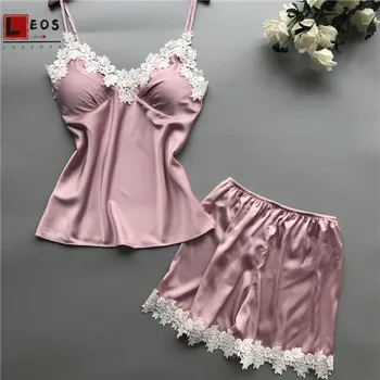

Women Sleepwear 2Pcs Sexy Lace Sleeveless Shorts For Ladies Pajamas Summer V-Neck Cami Top Solid Color Silk Tracksuit Female Set