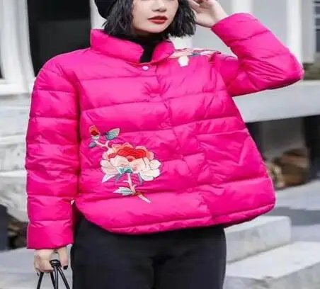 Этнический стиль, повседневный короткий пуховик со стоячим воротником, пальто, Женский Зимний стиль, 90 утиный пух, куртка, пальто
