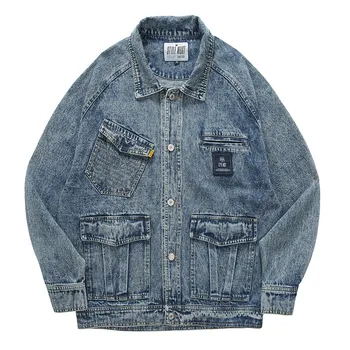 

KIMSERE Mens Casual Cargo Denim Jackets With Multi Pockets Vintage Tactical Jean Trucker Jacket Outerwear For Male Loose Fit