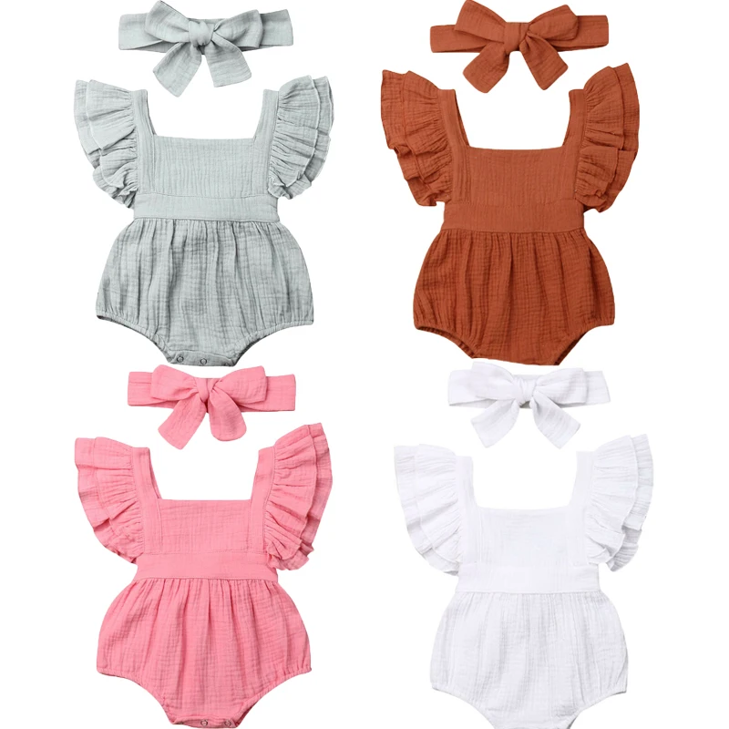 

Newborn Baby Boy Girl Bodysuit Ruffles Short Sleeve Solid Jumpsuits Summer Clothes+Headband 2pcs