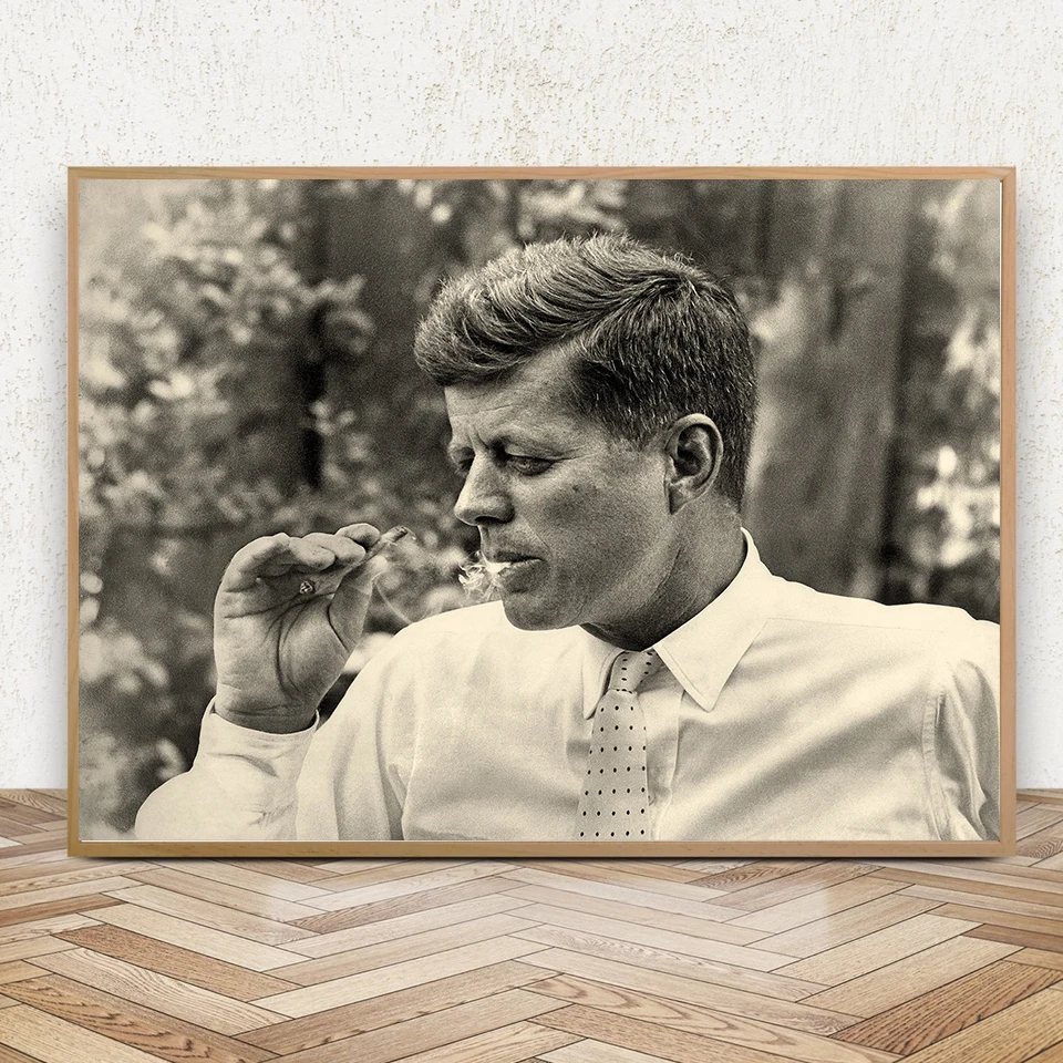 John F. Kennedy Portrait Canvas Painting American President Smoking Cigar Art Poster Retro Black and White Picture Home Decor | Дом и сад